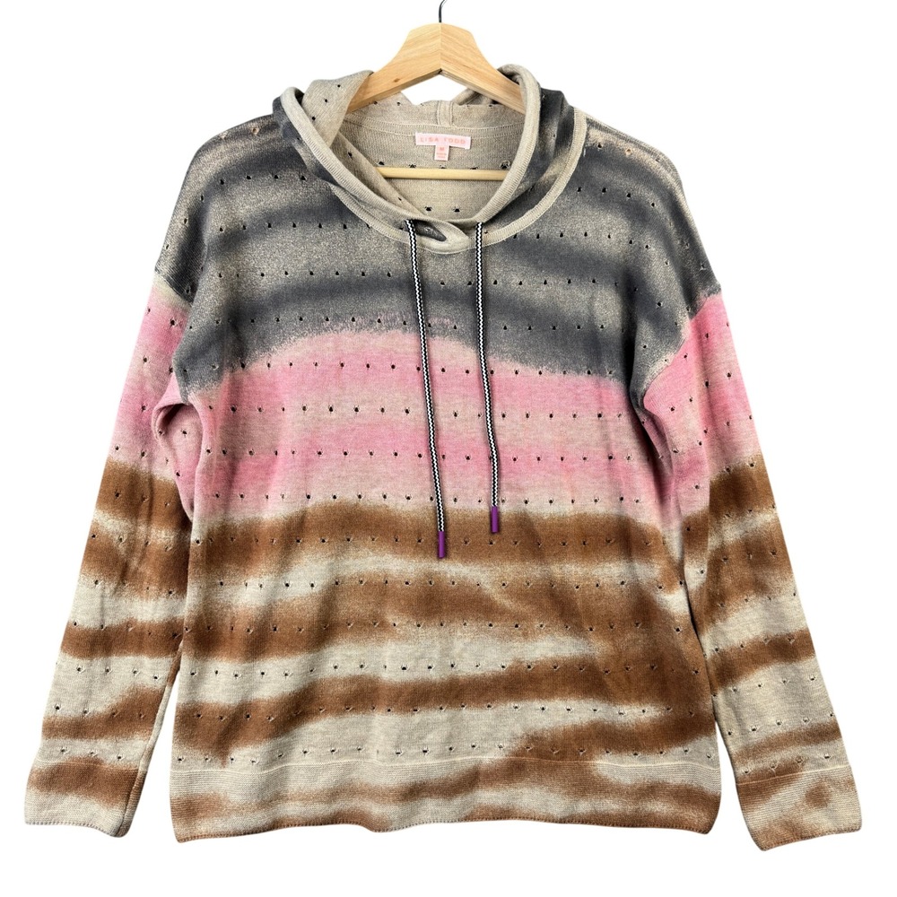 Lisa Todd Womens Medium Cotton Pointelle Knit Striped Hoodie Sweater Pink Brown